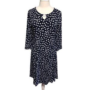 Susan Graver navy polka dot 3/4 sleeve knee length dress M
